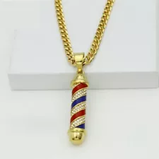 Men's 24"Stainless Steel CZ barber pole Red Charm,Cuban Chain Gold plated*Box