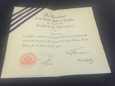 PRESIDENT OF THE UNITED STATES HARRY S TRUMAN APPRECIATION CERTIFICATE SSS
