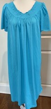 Shadowline Medium Nightgown Aqua Blue Nylon Floral Scalloped Rose Embroidered