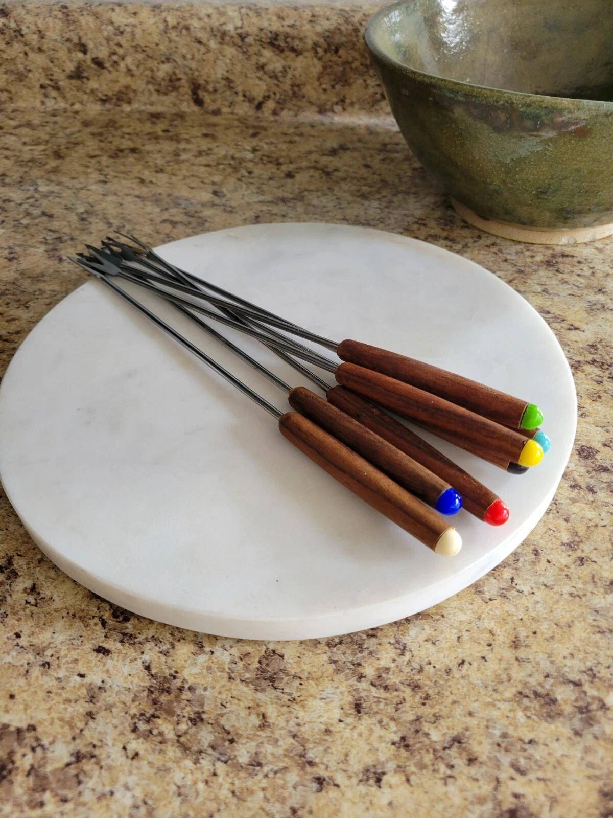 Vintage Fondue Forks Set Of 7 Wood Handles Color Coded Ends Japan