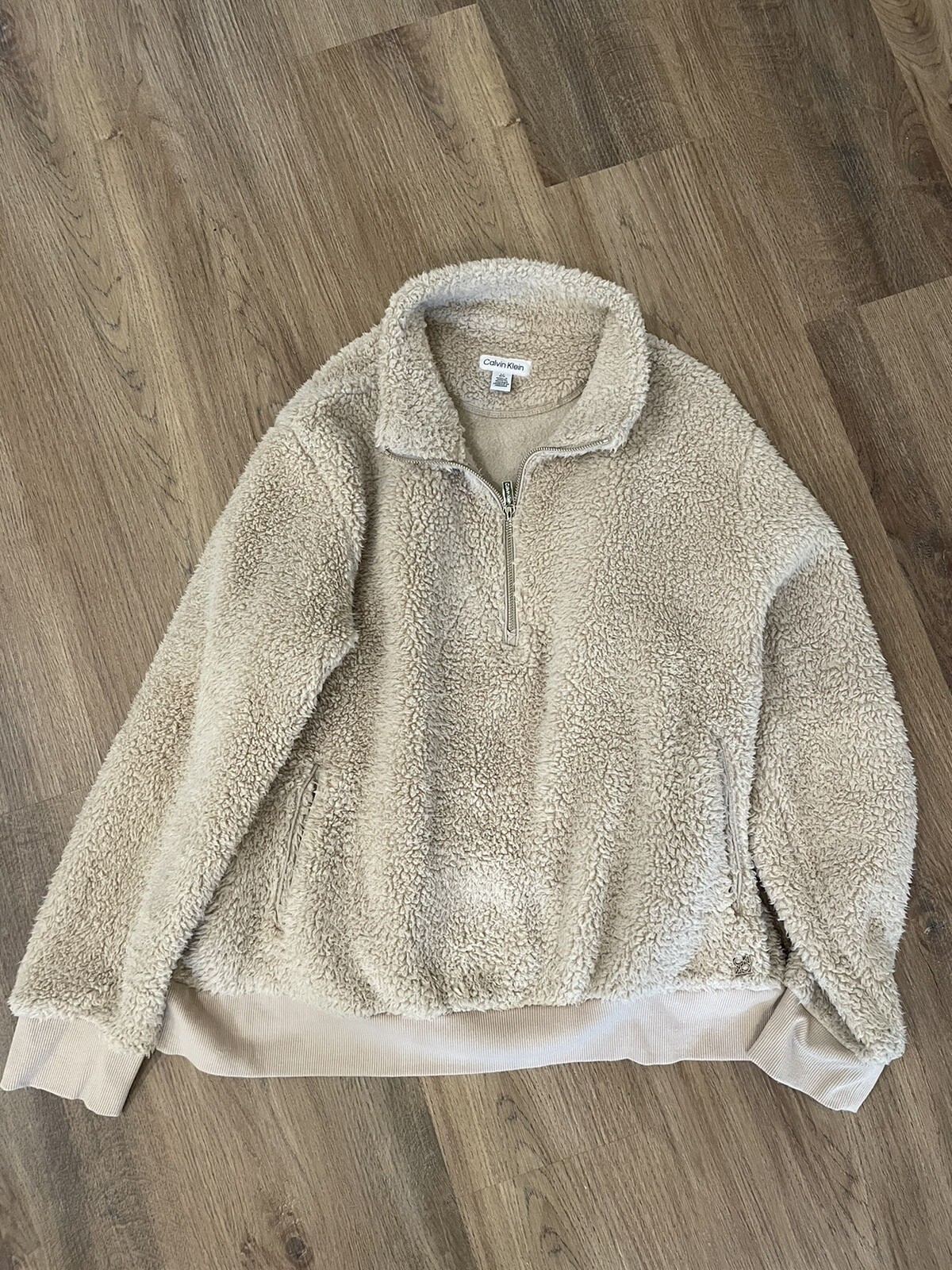 Calvin Klein Womens Fleece Jacket L Fuzzy Teddi Sherpa 1/4 Zip Pullover
