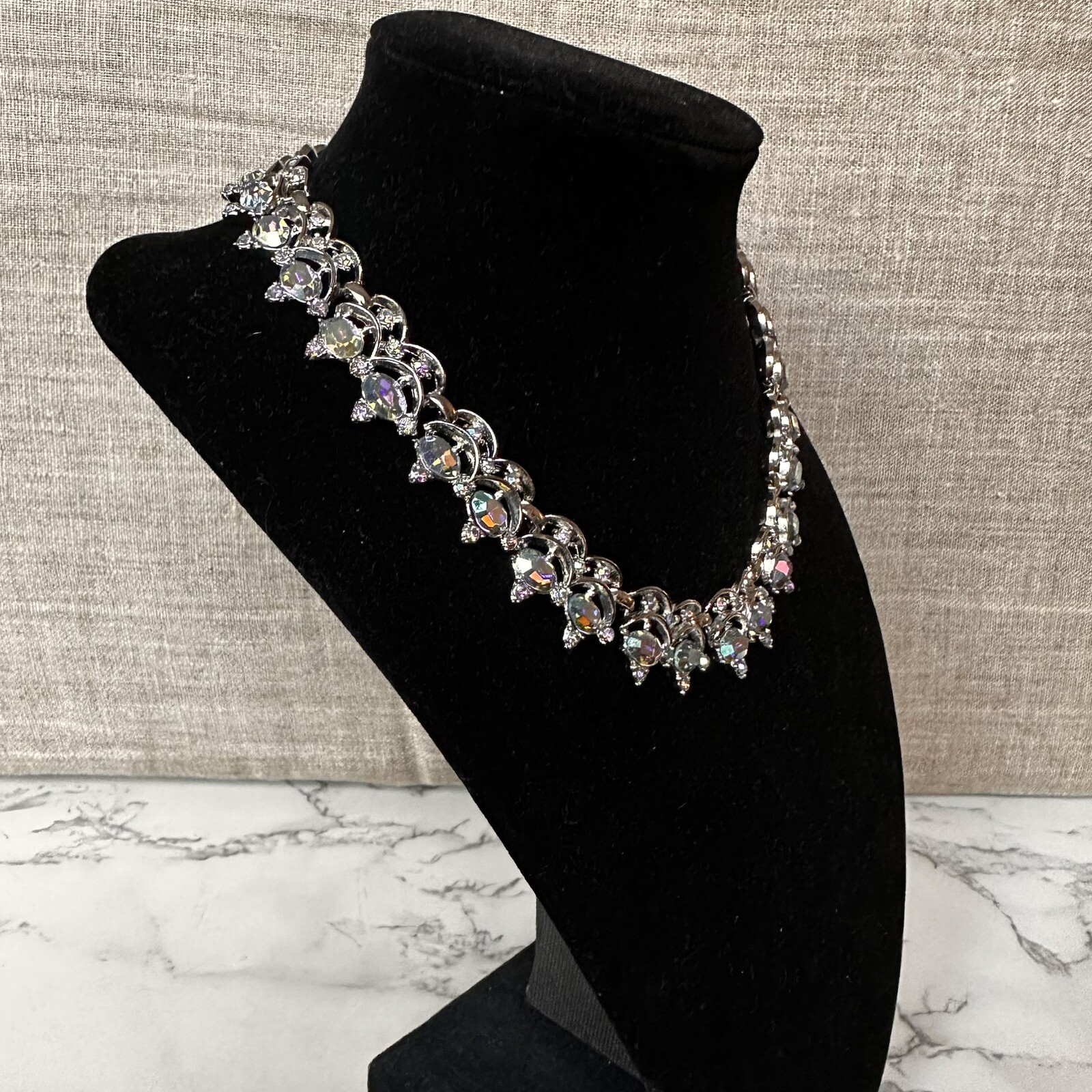 Rare Vintage Trifari Silver Tone Blue AB Rhinestone Choker Necklace