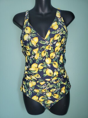 NIP TUCK SWIM YELLOW LEMON FRUIT FLORAL RUCHED 1 PC BATHING SUIT SWIMSUIT 8