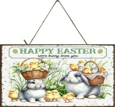 Happy Easter Bunny and Chickes Farmhouse Printed Handmade Sign