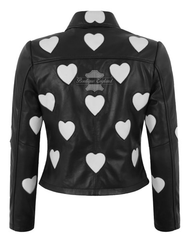 Women’s Collared Leather Jacket With Leather Heart Patches Fitted Fashion Jacket - Picture 12 of 19