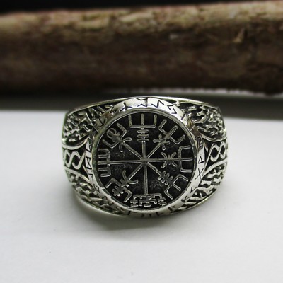 Wikinger Kompass  Ring Silber 925 Herren Viking Vegvisir Thors Hammer Runen