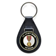 U.S. Army Iraq Veteran Metal Black Leather Keychain Silver Keyring Military Gift