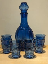 Vintage Hazel Atlas Maryland Glass Company Cobalt Blue Ring O Rings Decanter Set