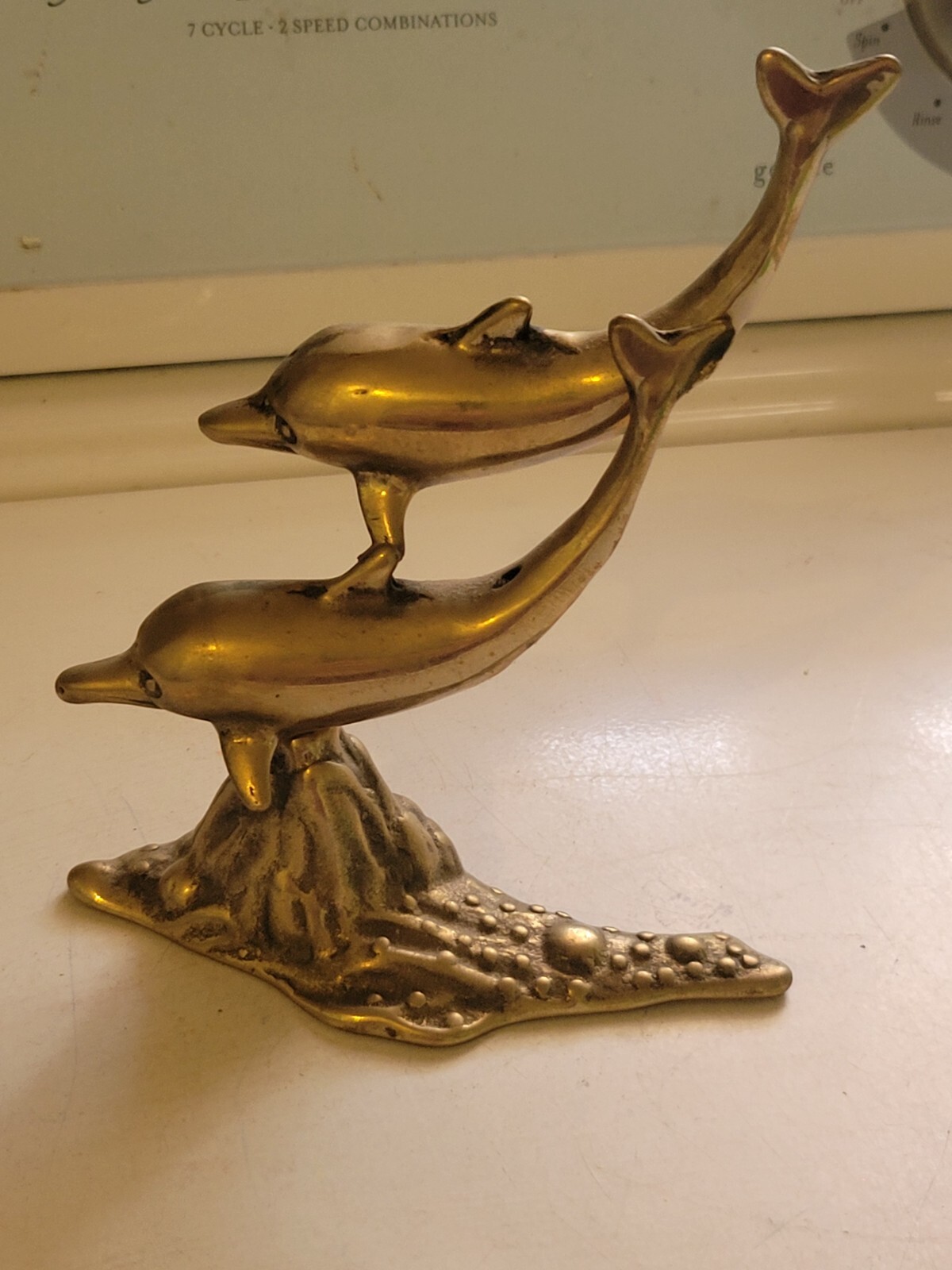 Vintage Brass Sculpture w/ Pair of Swimming Dolphins - Mid-Century Modern Ocean