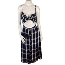 Reformation Riley Plaid Midi Dress Tie Front Cut Out Size 2 Navy /Black