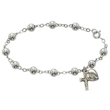 Needzo IVL Sterling Silver 6MM Beaded Miraculous Heart Charm Rosary Bracelet