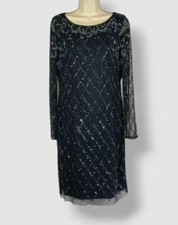 Adrianna Papell Women's Blue Sheer Beaded Boat-Neck Sheath Dress Size 8