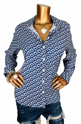 Chico's 2 or L Top Stretch Blue White Geometric Button Up Shirt No-Iron Long Svs