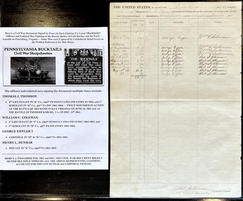 CIVIL WAR LT 190th PA INFANTRY BUCKTAILS OFFICERS ENLISTED DOCUMENT SIGNED 1863!