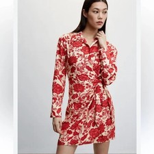 Mango Red Floral Wrap Mini Dress Women’s Viscose Lightweight Tie Waist Size M