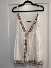 Zara White V-Neck Strappy Sleeveless Embroidered Beaded Fringe Mini Dress M