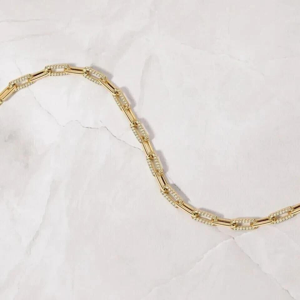 2Ct Round Cut Real Moissanite Women's Paperclip Bracelet 14K Yellow Gold Plated