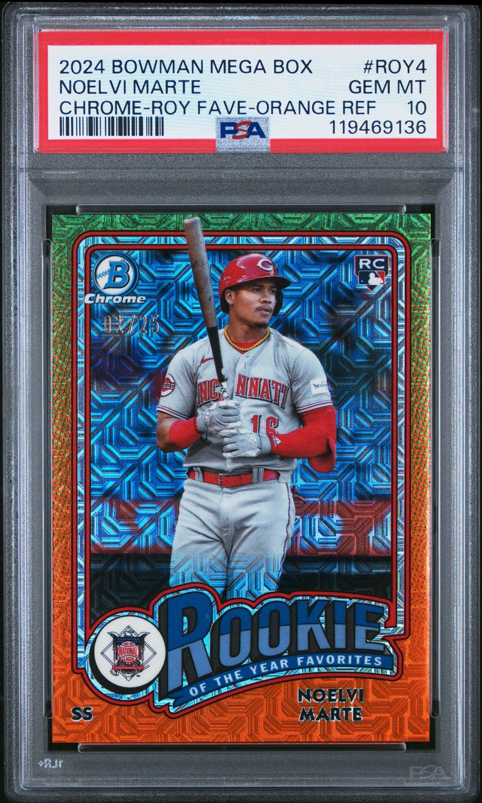 2024 BOWMAN MB CHROME ROY FAVORITES ORANGE REFRACTOR NOELVI MARTE 1/25 PSA 10