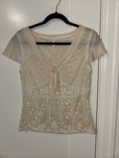 ESCADA Couture Vintage Cream Beaded Evening Chiffon S/S Top Blouse 38 EU/ 8 US