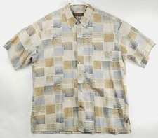 Vintage Tori Richard Hawaiian Shirt Mens XL Beige Blue Blocked Tropical USA-Made