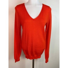 Ann Taylor Sweater Small Orange V-Neck Merino Wool Blend Lightweight Pullover
