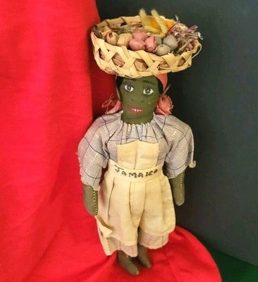 Jamaican Doll Carrying a Vegetable Basket 8 Inches Tall Handmade vintage Folk Ar