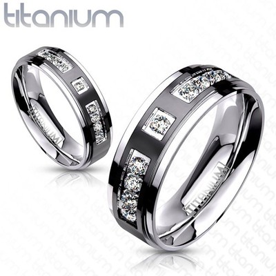 Titanium Men's Ring with Black Striped and Multi-CZ Wedding Band Ring with Box
