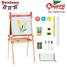 Kids Easel Set with Paper Roll, Adjustable Height Wooden Double-Sided Magnetic