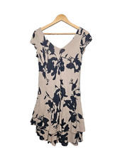 COLETTE Italy Gauze Mini Dress S/M Tiered Cap Sleeve Double V-Neck Beige Blue