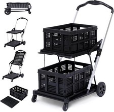 Folding Shopping Cart with 2 Baskets Collapsible Cart with Storage Crate 2-Layer