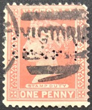 Victoria Australia - 1886 SG F9 Queen Victoria One Penny Stamp Duty - PERFIN