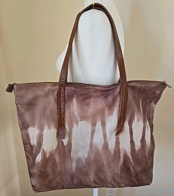 Monserat De Lucca Leather Shoulder Tote Bag Large Zip Tie Dye Brown Beige
