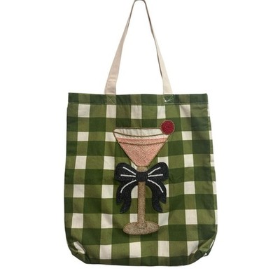 New ANTHROPOLOGIE Printed Beaded Canvas Icon Tote Bag - Cosmopolitan Cocktail