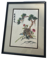 Vtg Chinese Silk Embroidery Colorful Birds Needlepoint Art Scene Wall Hanging