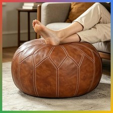 Pouf Cover Storage Ottoman Foot Stool Round Faux Leather Brown 21 Inch Diameter