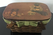 Antique Vintage Painted Turtle Mouse Lacquered Lid Wooden Basket with Handles