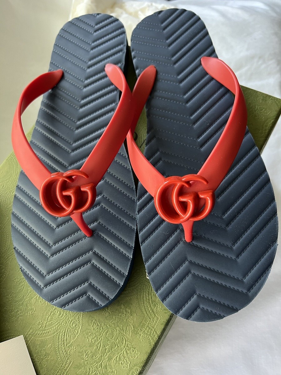 Gucci GG Rubber Flip Flops/ Thong Red & Blue Quilted Sole