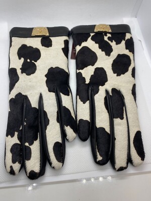 Womens Leather Gloves Size 6 HENRI BENDEL Turnlock Haircalf, Cow Print, Cashmere