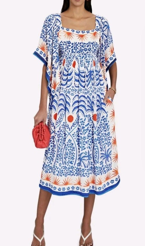 Farm Rio XS Afternoon Breeze Caftan Midi-Dress in White Blue