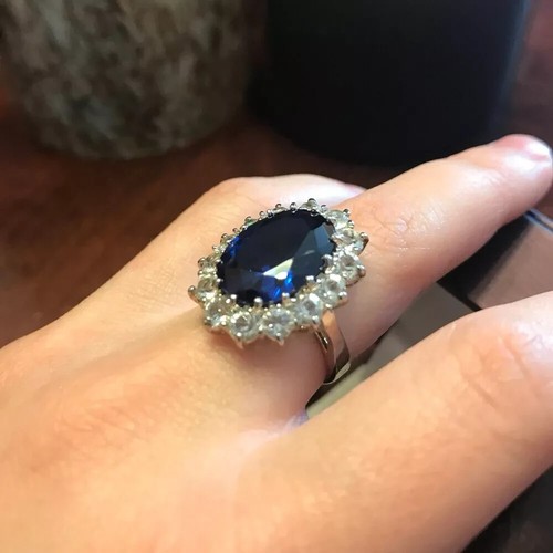 Anillo de diamantes de zafiro natural de corte ovalado de 4,40 quilates de oro blanco macizo de 14 quilates talla 7 - Imagen 2 de 4