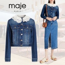 Maje Broderie Anglaise Trimmed Denim Jacket Size 26