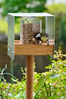 Vogelhaus mit Ständer Vogelfutterhau Futtersilo Futterstation Eiche Zinkdach