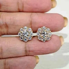 2.00 Ct Round Cut Real Moissanite Cluster Stud Earrings 14K Yellow Gold Plated