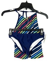 Speedo Girl's Striped Two Piece Blue Multi Tankini Swimsuit Set Size 12