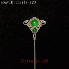 Collection Old Chinese Tibet Silver Carving Flower Jade Hairpin Decoration Gift