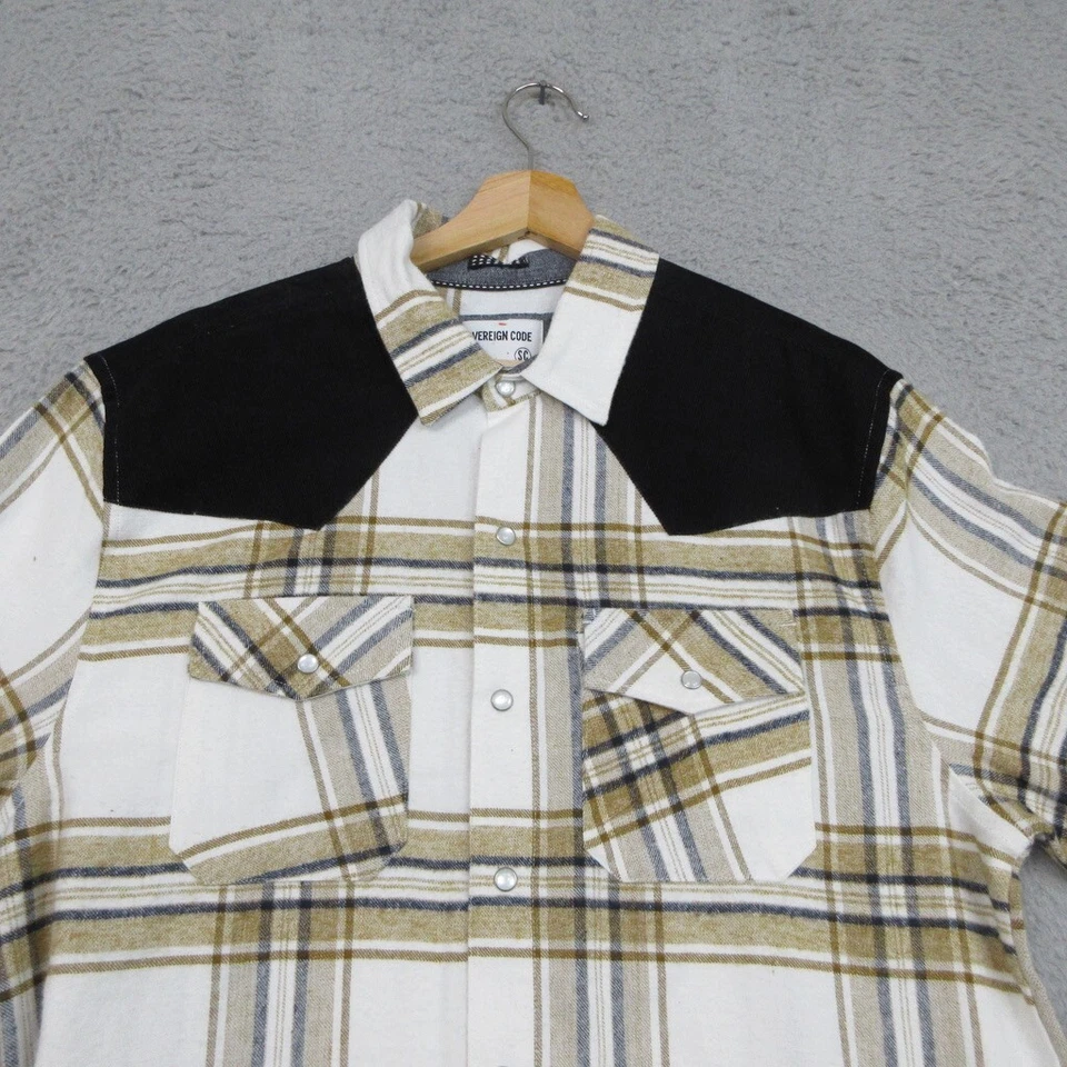 Sovereign Code Shirt Men M Black Tan Plaid Flannel Pearl Snap Western Cowboycore - Image 3 of 4