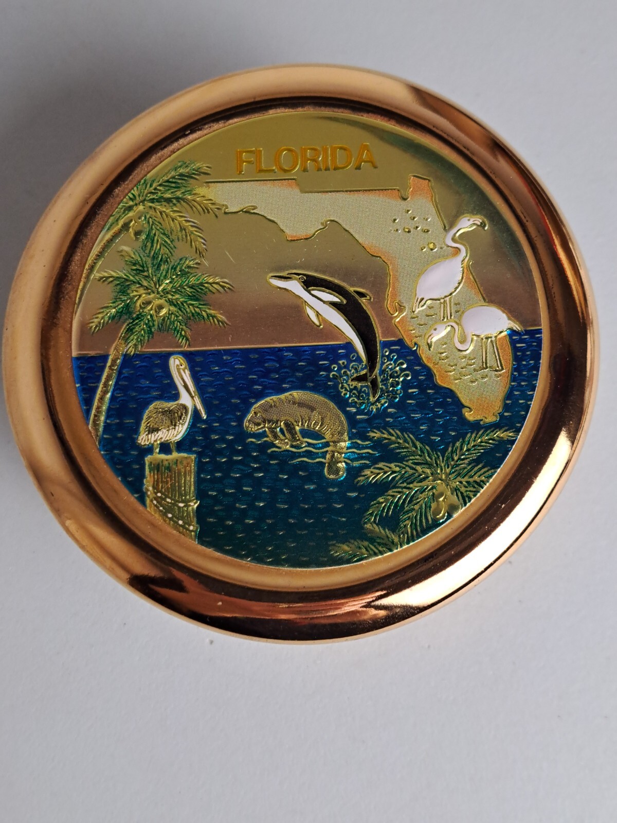 Chokin Art Porcelain FLORIDA Trinket Box Jewelry Dish With Lid 24k Gold Edged