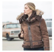 Women Dark Brown Fox Hoodie Collar Real Sheep Shearling Fur Suede Leather Jacket