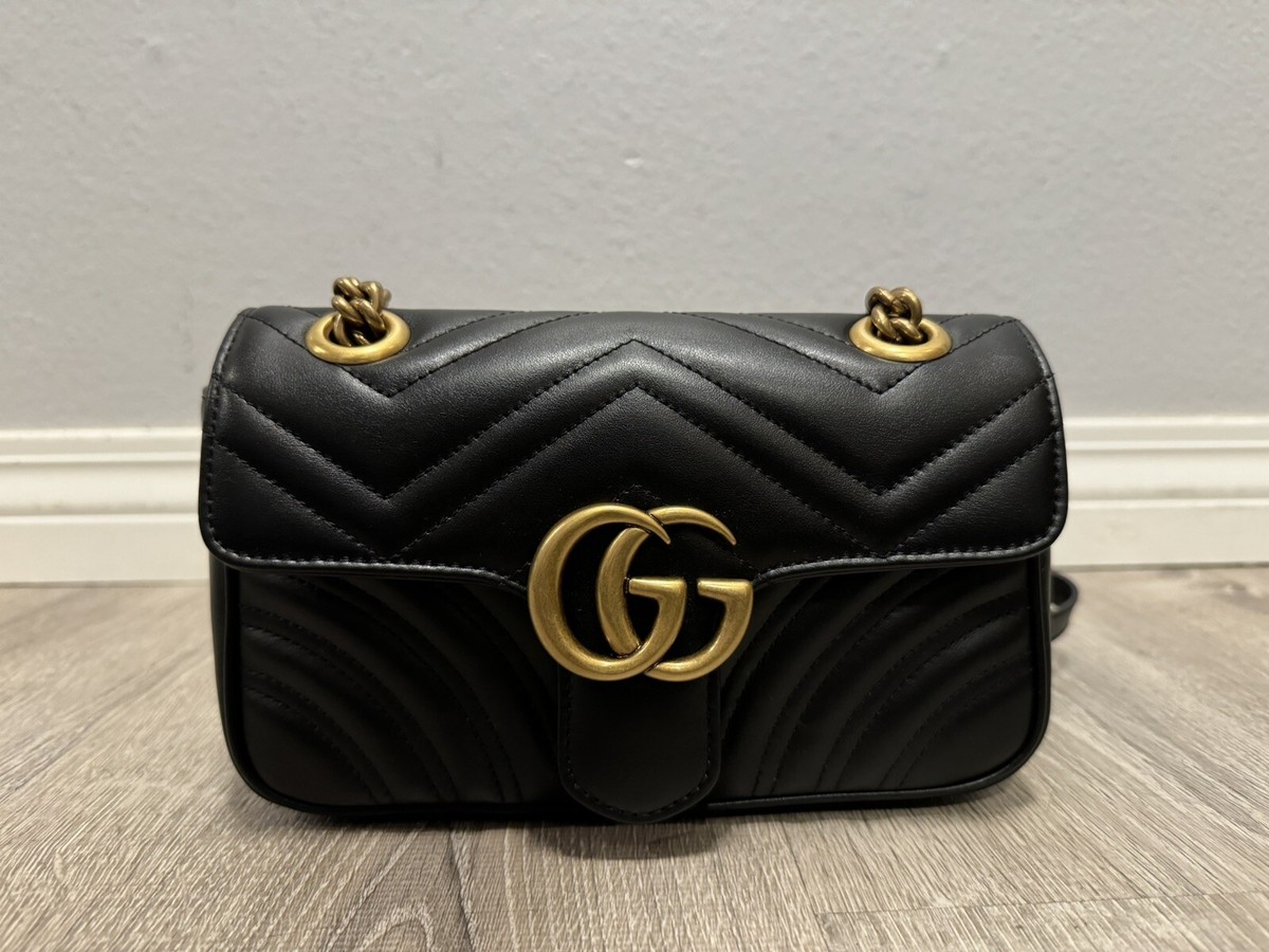 NEW Gucci GG Marmont Small Shoulder Bag Leather Quilted Black Gold