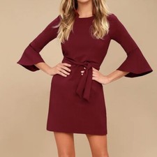 Lulus Last Love Song Burgundy Tie Waist 3/4 Bell Sleeve Dress MEDIUM